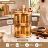 360°  Rotating Spice Rack Set With Bamboo Stand, Airtight Revolving Masala Organizer With Wooden Lids, Kitchen Countertop Spice Holder