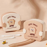 Square Toast Lunch Box, Plastic Partition Bento Box with Lid, Kids School Lunch Box, Snack Food Storage Container, 3 Grids Lunch Box with Cutlery, Cartoon Toast Pattern Students Bento Case for School Office