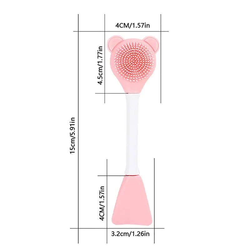 Bear Double Head Face Brush, Silicone Mud Film Facial Brush, Multifunctional Long Handle Silicone Applicator Women, Face Mask Cream Sticks Brush, Facial Mask Applicator, Makeup Removal Scrubber,  Portable Salon Spa Facial Cleansing Brush
