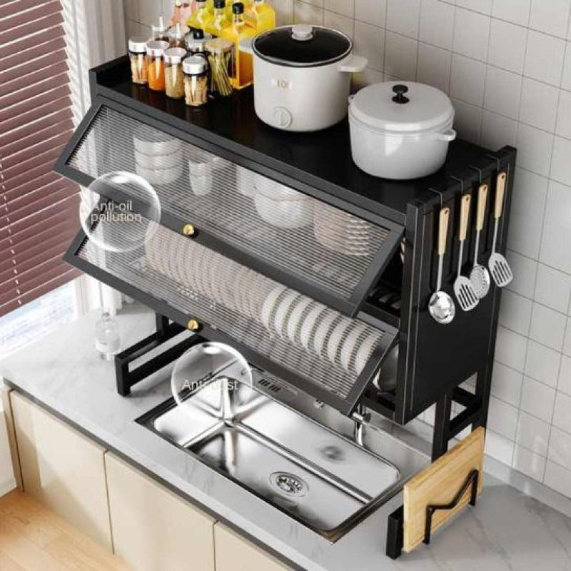 Multifunctional Flip Kitchen Dish Rack, Over Sink Countertop Kitchen Storage Shelf, Metal Cabinet Door Crockery Shelf, Expandable Sink Drainer Drying Rack with Door, Telescoping Dish Storage Rack