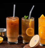 Transparent Strip Glass Cup With Bamboo Lid, Stackable Coffee Glass Cup, Reusable Smoothie Drinking Glass With Straw