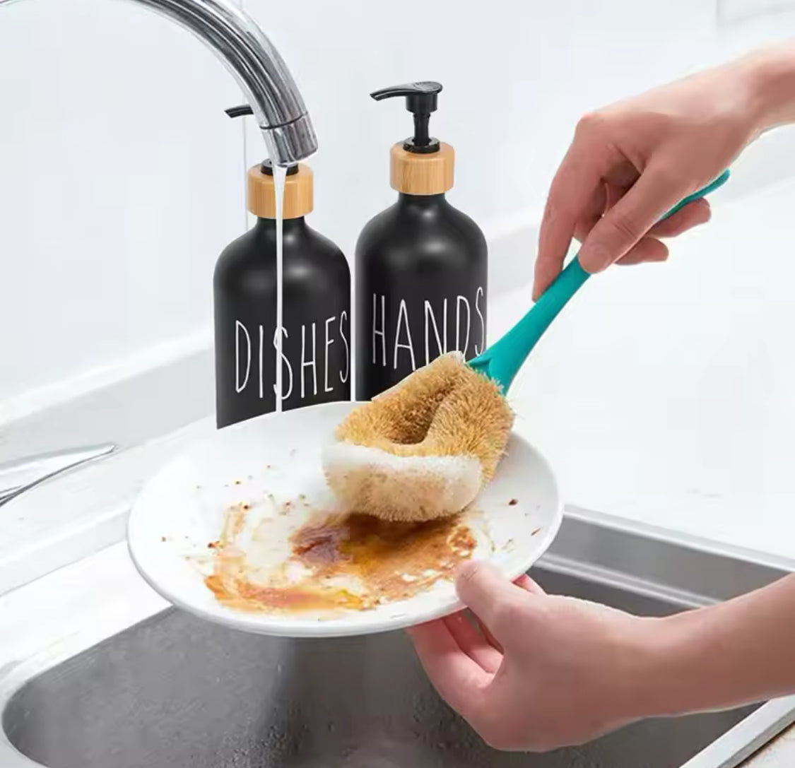 2pcs Bathroom Hand Soap Dispenser With Bamboo Tray, Kitchen Dish Soap Dispenser, Empty Facial Cleanser Refillable Bottle, Hand Sanitizer Press Subpack Bottle