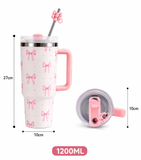 1200ml Bow Design Insulated Tumbler, Cute Bow Print Stainless Steel Tumbler, Cute Girly Bow Print Thermal Cup, Bow Pattern Thermal Travel Mug