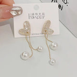 Flexible Heart Top Crystal Earrings, Hollow Heart Drop Earrings, Adjustable Pearl Tassel Ear Jewellery, Luxury Long Simulation Pearl Earrings For Women