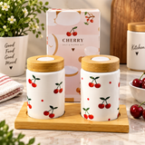 Cherry Print Ceramic Salt & Pepper Shaker Set, Salt Pepper Jar Set with Bamboo Stand, Cute Cherry Salt And Pepper Pots, Kitchen Organizer