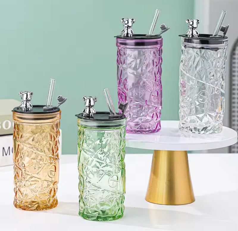 Diamond Pattern Glass Cup | Silver Bear Lid + Straw