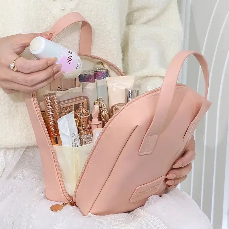 Shell Shape Cosmetic Bag, Large Capacity Handheld Cosmetic Bag, Multiple Compartments PU Travel Pouch, Waterproof Wash Kit Handbag, Fashionable Makeup Organizer with Handle, Stylish Double Zipper Travel Bag