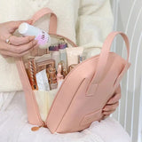 Shell Shape Cosmetic Bag, Large Capacity Handheld Cosmetic Bag, Multiple Compartments PU Travel Pouch, Waterproof Wash Kit Handbag, Fashionable Makeup Organizer with Handle, Stylish Double Zipper Travel Bag