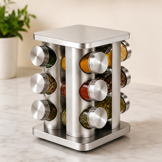 Stainless Steel 360° Rotating Spice Rack Organizer, Countertop Spice Rack with Rotating Base, Revolving Spice Rack with 12 Glass Jars, Space Saving Spice Rack Organizer, Kitchen Spice Carousel With Refillable Jars
