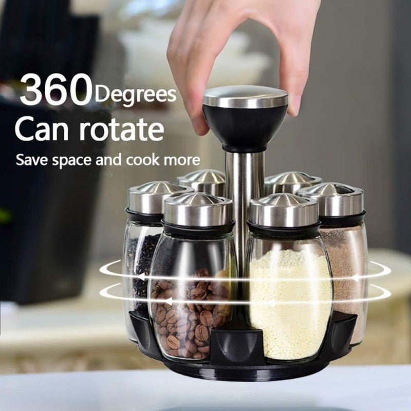6PCS Rotating Spice Rack Set – 360 Degree Glass Seasoning Jar Organizer
