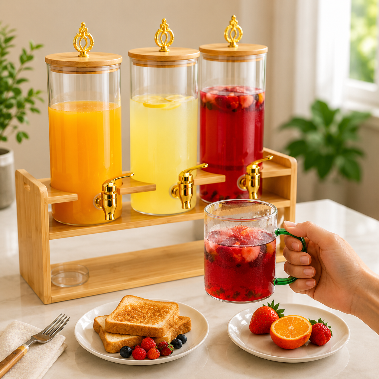 Elegant Beverage Serving Rack with 3 Dispensers, Luxury Juice & Lemonade Serving Station, Beverage Dispenser with 6pcs Cup Set