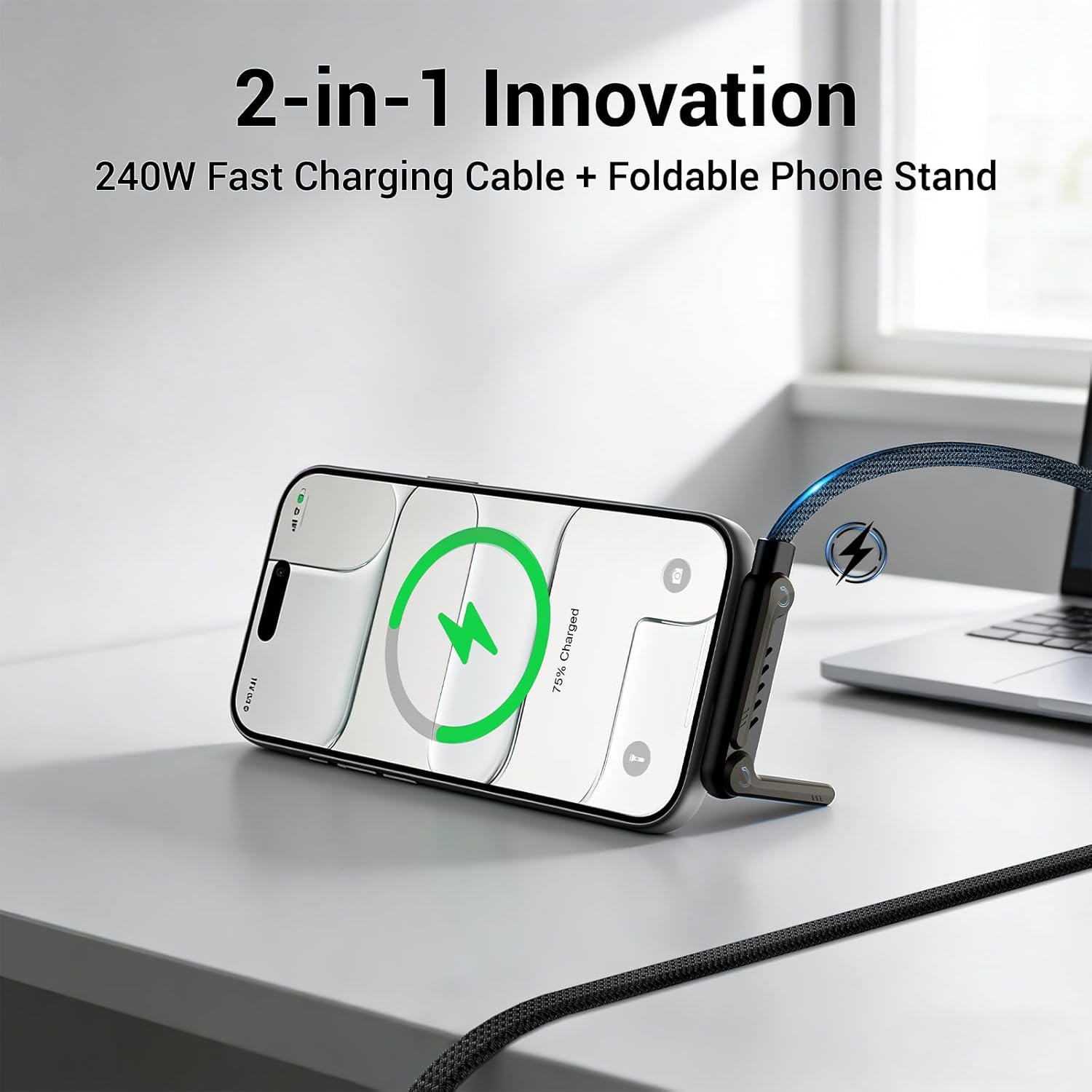 2-in-1 Type-C Fast Charging Cable with Foldable Phone Stand