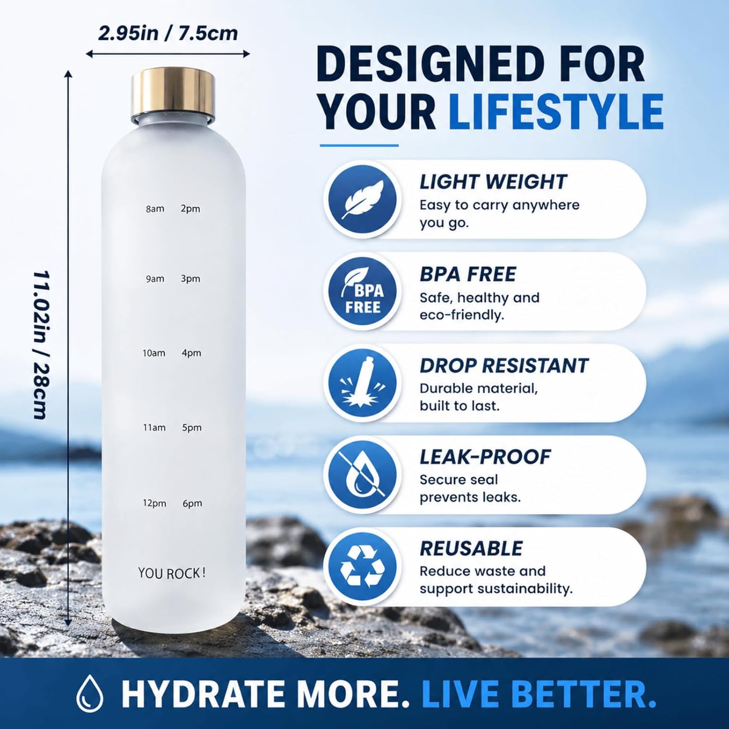 1L Frosted Time Marker Water Bottle – BPA Free Leakproof Gym Bottle