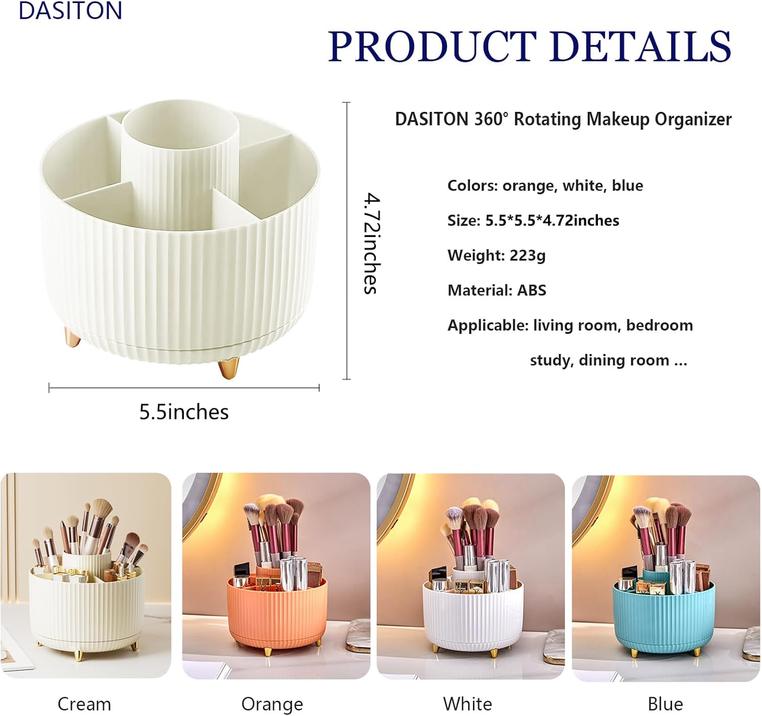 Large Capacity Makeup Brush Holder,360° Rotating Makeup Organizer,5 Slot Makeup Brushes Cup,for Vanity Decor,Bathroom Countertops,Desk Storage Container,Cosmetic Display cases