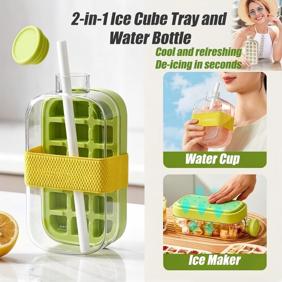 2-in-1 Ice Cube Tray Water Bottle 500ml | Portable Ice Maker Bottle with Straw