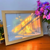 Sunshine Art Painting Frame, LED Shadow Painting Frame, Creative Tabletop Decor Photo Frame, light painting painting Light and Shadow Glowing Frame, Creative Artistic Shadow Painting, 3 Color Luminous Wall Art Decoration, Wooden Light Hollow Photo Frame