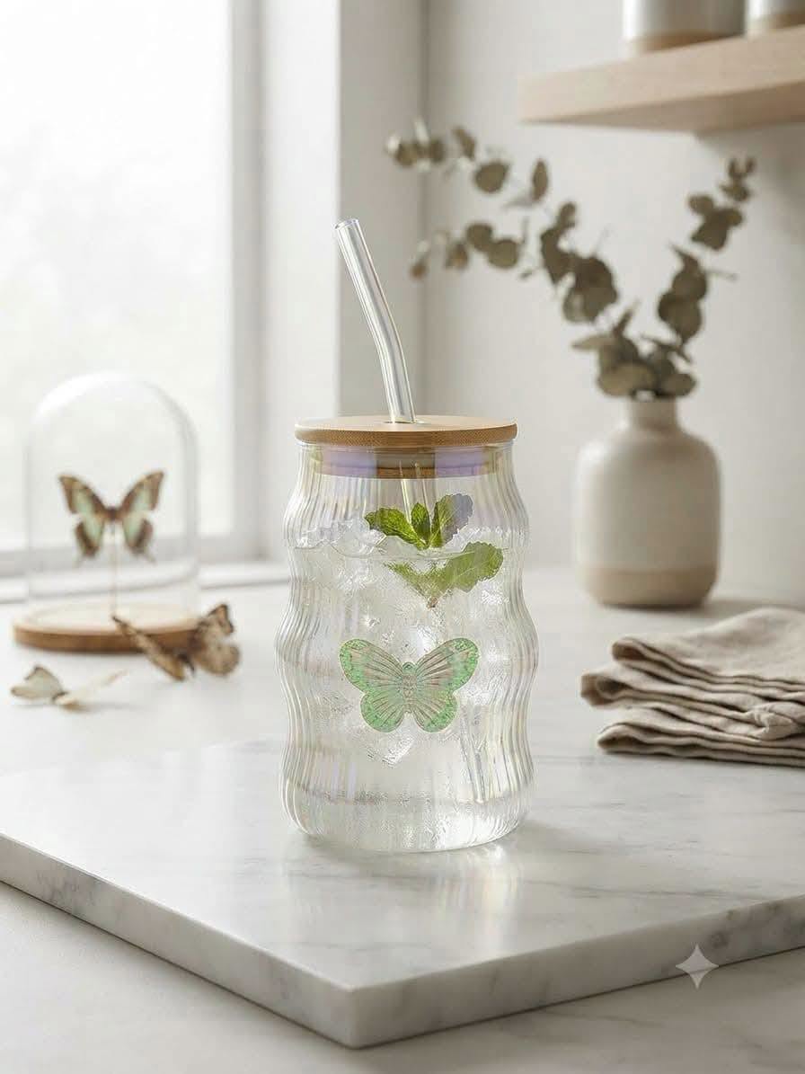 Cute Wavy Textured Glass Tumbler with Butterfly & Bow Decoration