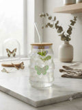 Cute Wavy Textured Glass Tumbler with Butterfly & Bow Decoration