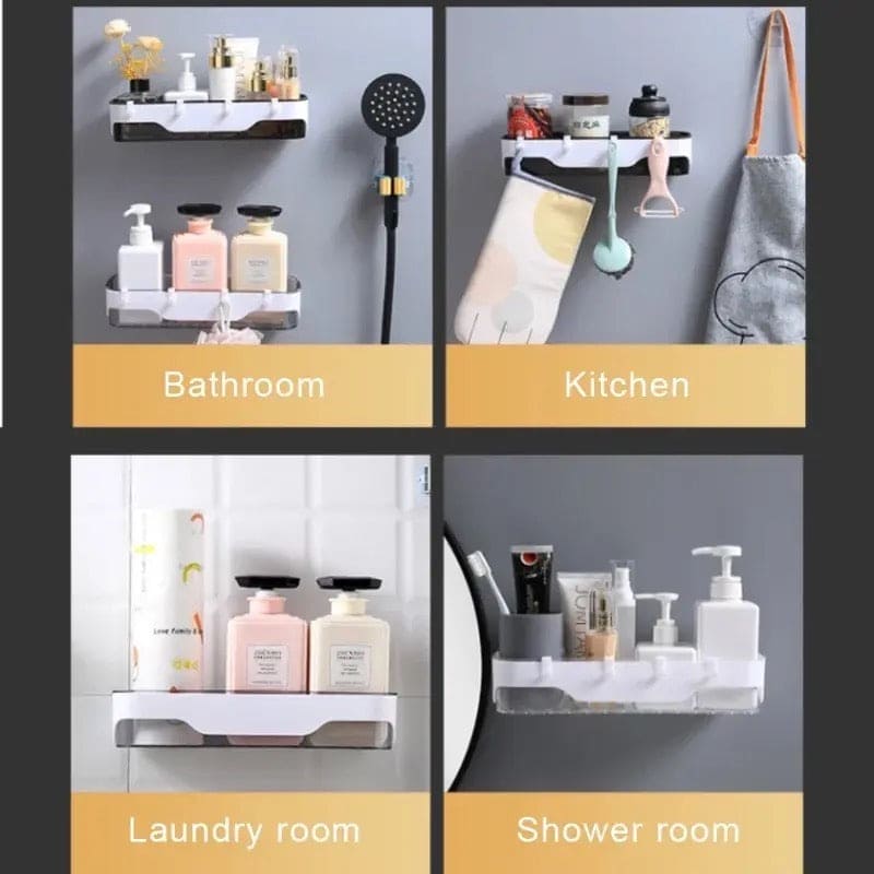 Large Capacity Wall Shelf, Wall Mounted Shower Storage Rack, Storage Wall Shelf With Hook, Self Adhesive Shower Caddy, Plastic Bathroom Shelf Wall Storage Rack,  Wall Mounted Floating Shelf, Multipurpose Countertop Basket, Bathroom Kitchen Storage Rack