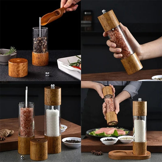 Manual Sea Salt Pepper Grinder, Cylindrical Wooden Salt and Pepper Grinder, Kitchen Seasoning Tool