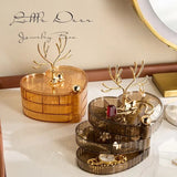 Little Deer Jewellery Organizer, 3 Layer Rotating Necklace Jewelry Box, Light Luxury Heart Desktop Sundries Makeup Organizer, Elegant Decorative Necklace Earrings Bracelet Container, Acrylic Jewelry Display Stand, Large Capacity Striped Box