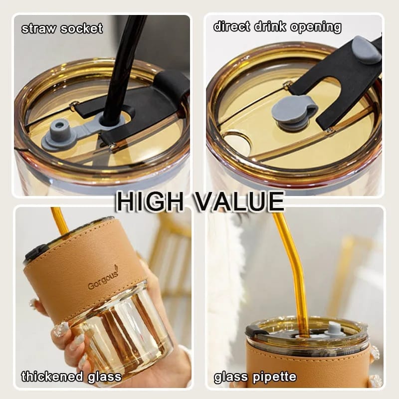 400ml Plastic Coffee Cup With Straw, Bamboo Shaped Glass Cup With Leather Cover, Double Wall Insulated Glass Cup
