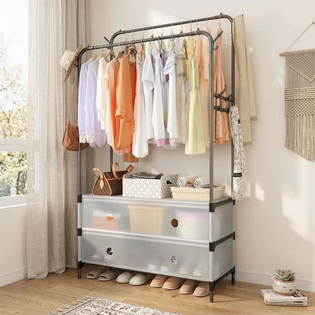 Dual Pole Clothes Rack With Shoe Storage, Simple Clothes Storage Shelf, Bedroom Living Room Hanger, Living Room Clothes Storage Rack