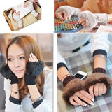 Fingerless Winter Gloves, Rabbit Fur Mitten Gloves, Faux Fur Fluffy Winter Gloves, Woolen Crochet Knitted Wrist Warmer Glove, Winter Half Finger Gloves, Warmer Stylish Gloves