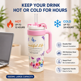 Insulated Vacuum Floral Tumbler with Handle, 1000ml Leak Proof Stainless Steel Travel Water Bottle, Floral Thermos Tumbler with Straw & Handle