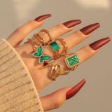Set Of 8 K Snake Rings, Multi Element Geometric Ring Jewellery, Snake & Butterfly Decor Ring, Green K Letter Snake Butterfly Pentagram Ring For Women