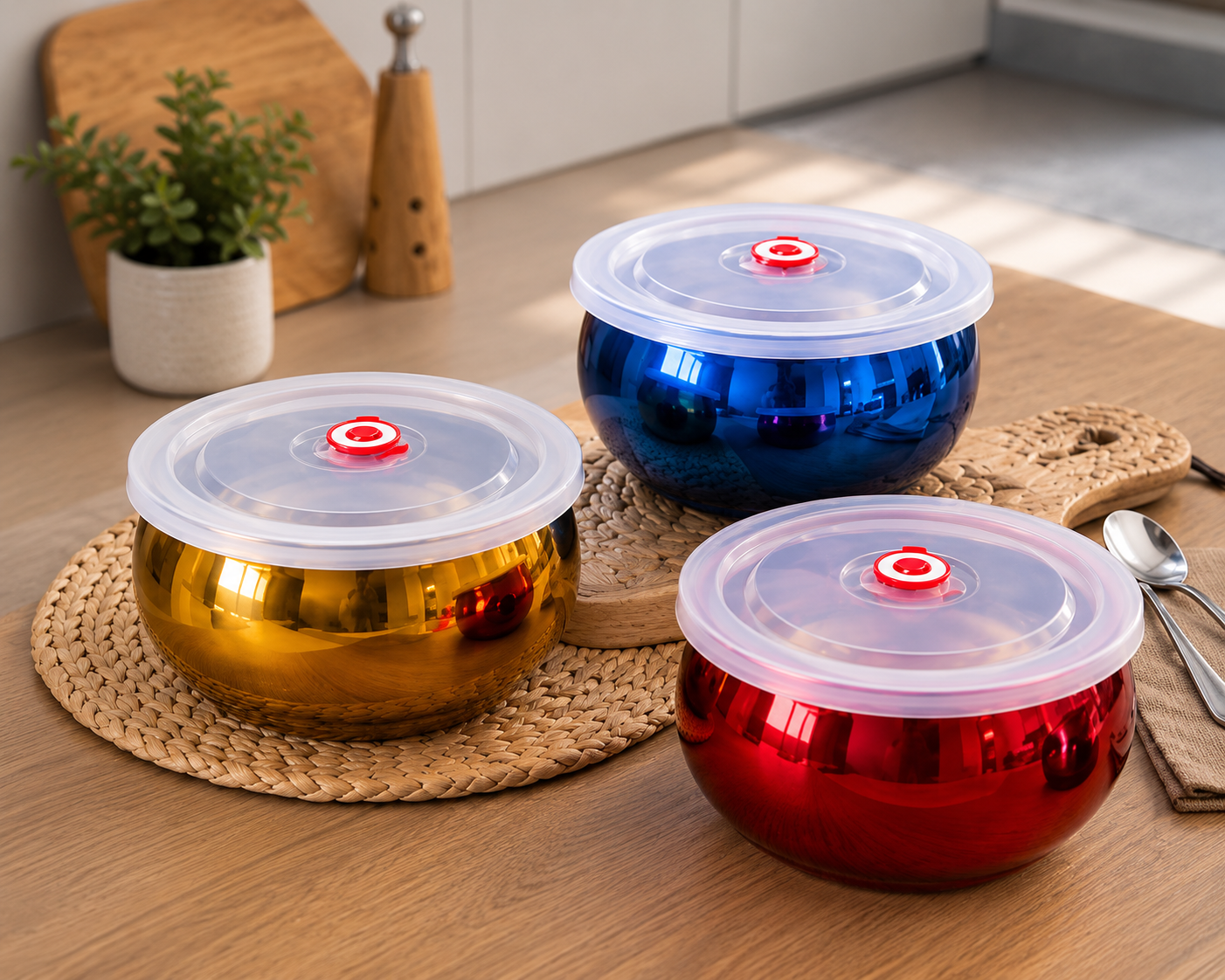 Stainless Steel Serving Bowl with Vacuum Lid, Insulated Steel Food Storage Bowl, Salad Mixing Bowl Set, Food Cooking Bowl Set