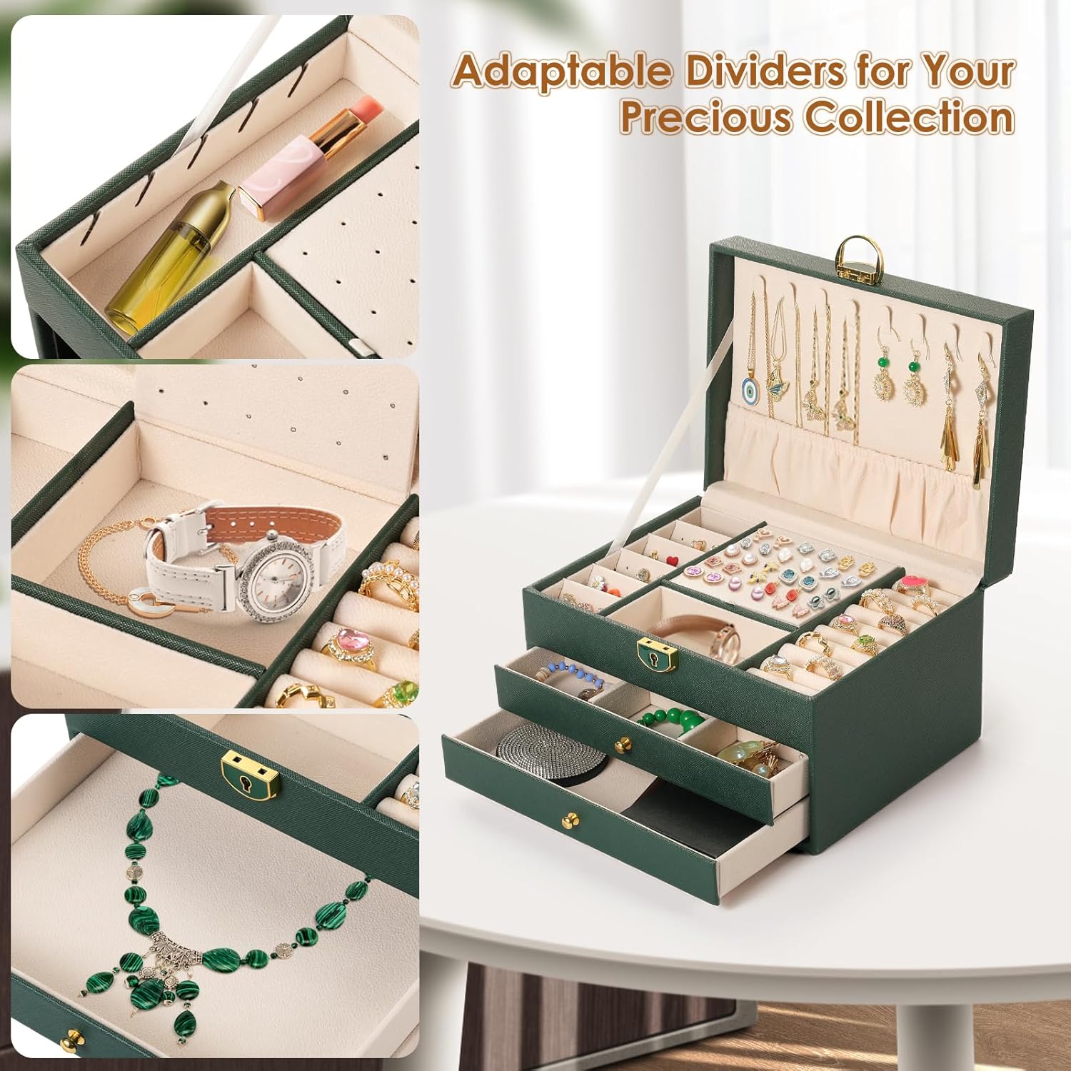 3 Layer PU Leather Jewelry Storage Organizer Box with Lock