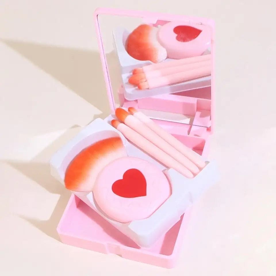 Mini Heart Makeup Brush Set, Portable Makeup Mirror with 5 Pcs Makeup Brushes, Hand Hold Pocket Foldable Beauty Makeup Tools Set, Portable Makeup Brush Box With Mirror