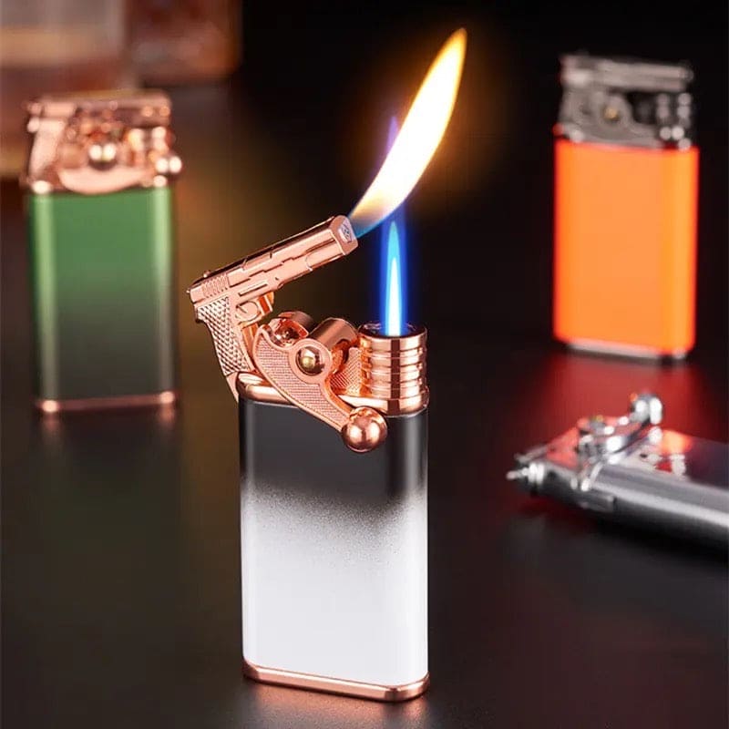 Gun Dual Flame Lighter, Rocker Arm Shape Lighter, Metal Inflatable Double Fire Lighter, Windproof Jet Turbo Lighter, Metal Double Flame Lighter, Open Fire Conversion Lighter, Creative Double Fire Flame Lighter, Butane Cigarette Lighter
