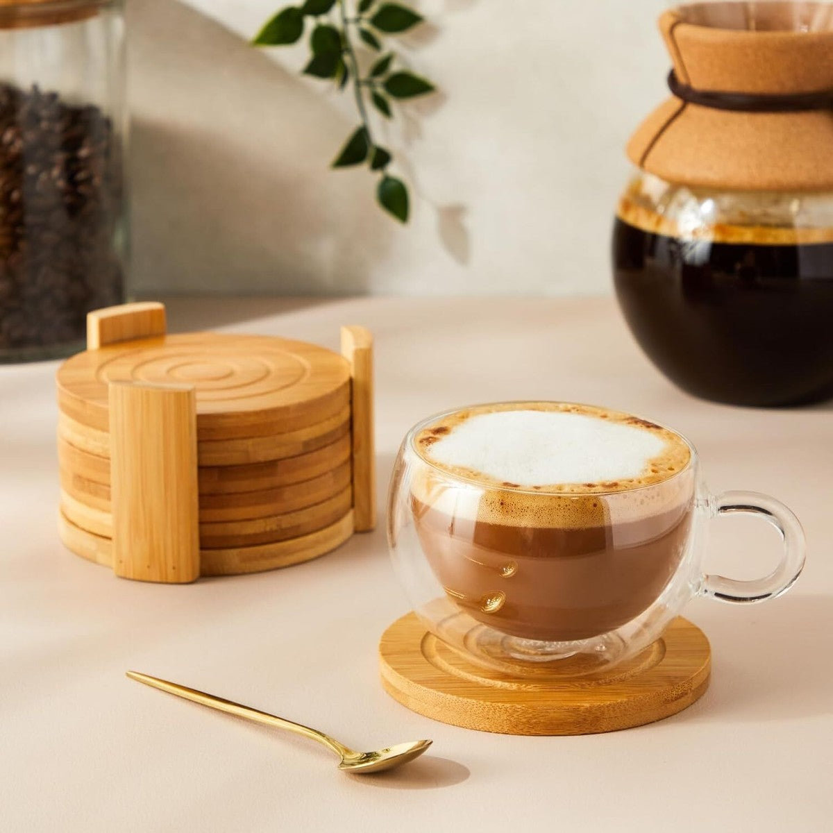 7Pcs Bamboo Coasters, Household Drink Cup Pads Protection, Tea Cup Table Holder