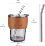 400ml Plastic Coffee Cup With Straw, Bamboo Shaped Glass Cup With Leather Cover, Double Wall Insulated Glass Cup