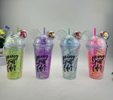 450ml Cute Creative Drinking Water Cup, Premium Plastic Glitter Water Sipper, Girls Fancy Water Cup With Straw