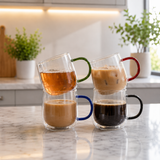 4pcs Elegant Colorful Handle Coffee Mug Set, Transparent Glass Mugs, Double Wall Clear Glass Drinkware Set