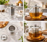 Glass Teapot with Stainless Steel Infuser, Double Wall Glass Tea Infuser Pot, Round Glass Tea Brewing Pot, Transparent Glass Tea Kettle