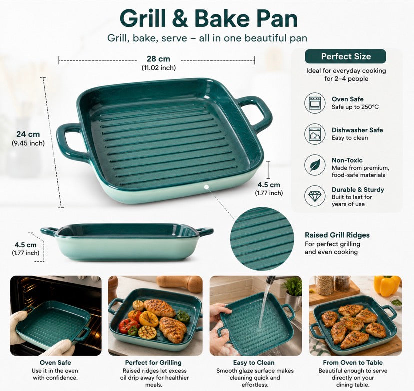 Ceramic Baking And Serving Tray, Deep Ceramic Baking Dish with Side Handles, Heavy Duty Ceramic Baking Tray with Raised Grill Ridges