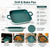 Ceramic Baking And Serving Tray, Deep Ceramic Baking Dish with Side Handles, Heavy Duty Ceramic Baking Tray with Raised Grill Ridges