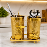 Dual Cup Cutlery Organizer Stand, Kitchen Utensil Organizer, Elegant Golden Kitchen Utensil Organizer, Decorative Golden Cutlery Storage Stand