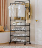 Multifunctional Metal Clothes Rack With Storage Shelves, Homlly Entryway Coat Rack with Shoes Organizer, Bedroom Living Room Hanger, Living Room Clothes Storage Rack