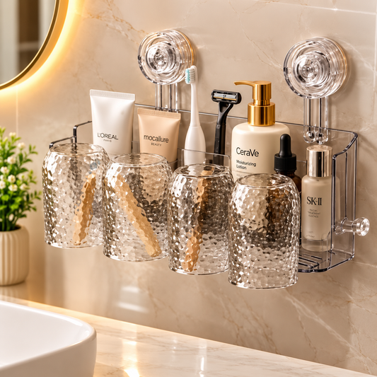 4 in 1 Wall Mounted Toothbrush Holder, Luxury Bathroom Storage And Cup Holder, Bathroom Essentials Wall Organizer