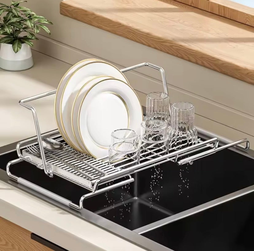 Stainless Steel Expandable Dish Drainer, Over The Sink Dish Drying Rack, Kitchen Storage Organizer, Countertop Space Saving Dish Rack