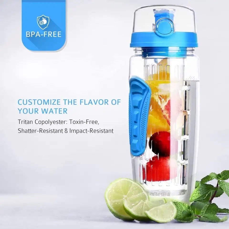 Aqua Time Infuser Water Bottle, 1L Time Tracker Bottle With Cleaning Brush, Acrylic Detox Sports Water Bottle, Triton Sports Bottle with Flip Top Lid, Fruity infusing Water Bottles for Women & Men -