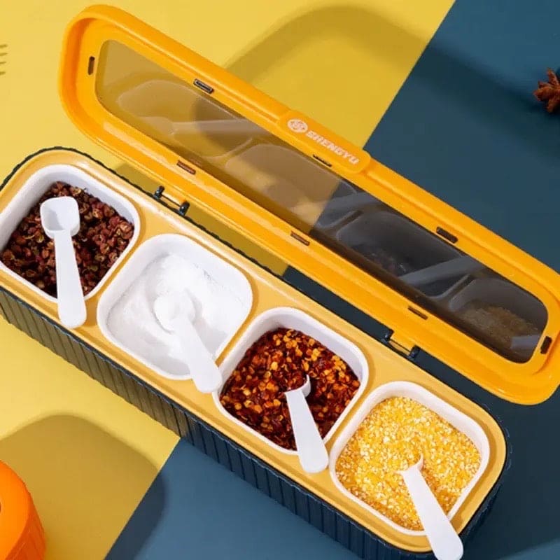 Luxury Four Grid Spice Dispenser, Household Flip with Spoon Spice Box, Seasoning Storage Container for Spice, Salt Sugar Plastic Condiment Jars with Spoons Lid, Kitchen Organization Containers with Cover and Spoon, Household Kitchen Seasoning Bottles