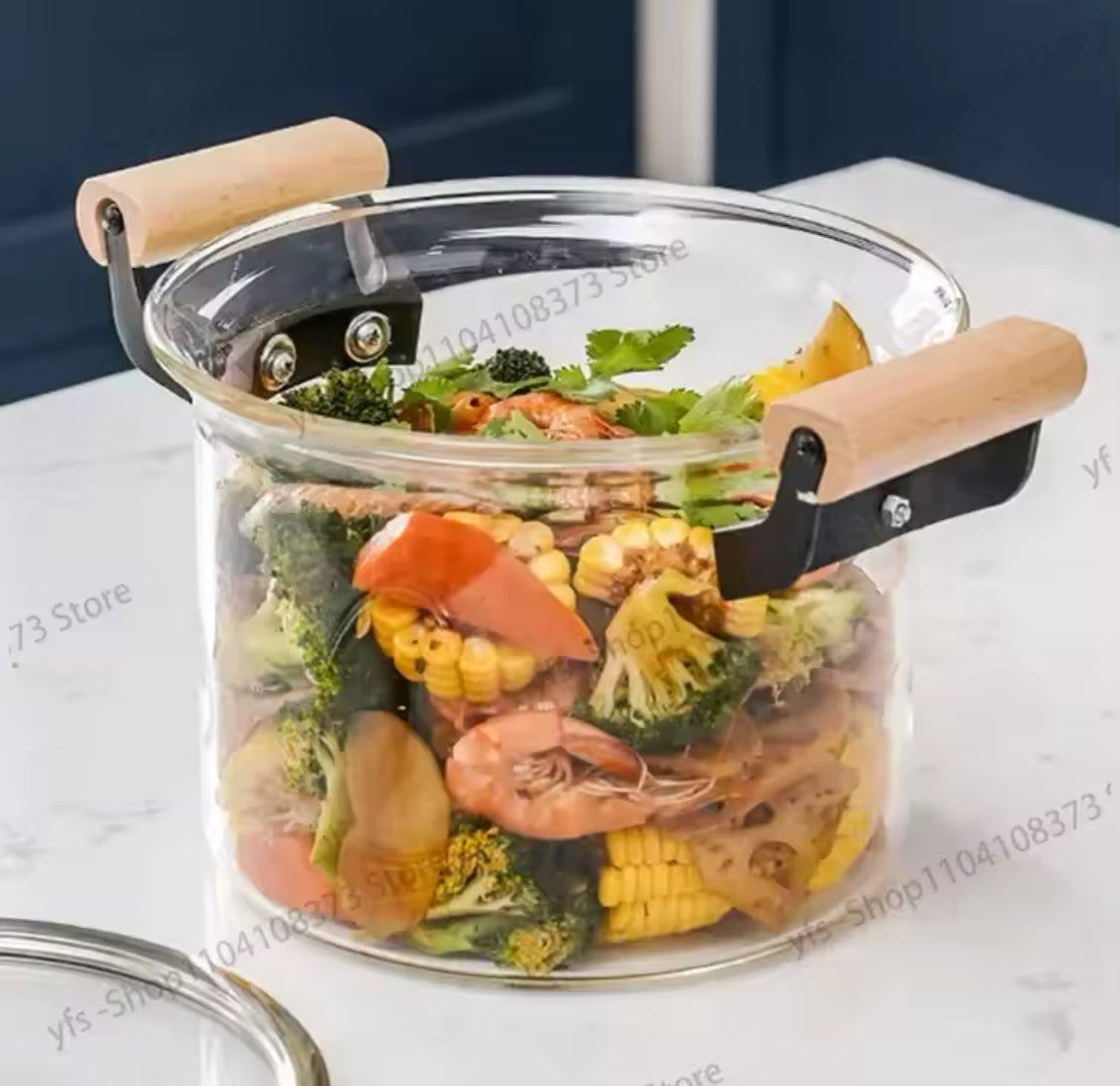 Transparent Cooking Pot With Wooden Handle, Heat Resistant  Glass Pot, Kitchen Cookware Pot