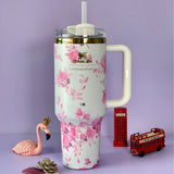 Stainless Steel Flower Design Tumbler With Lid, Vacuum Insulated Car Mug, Thermal Iced Bottle