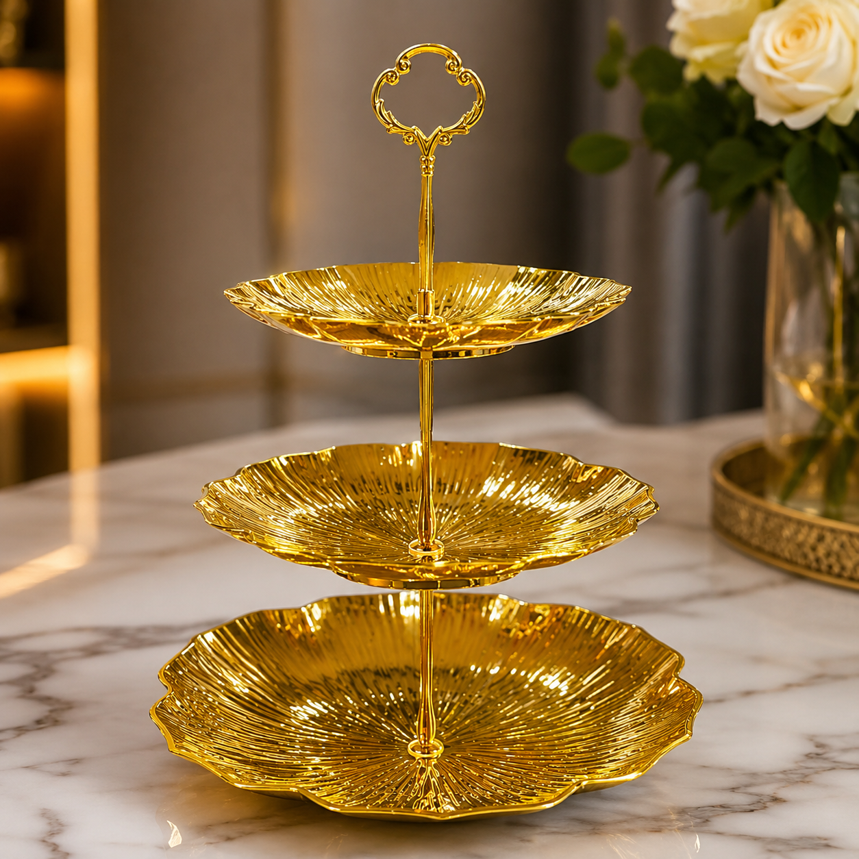 Three Layer PVC Plastic Cake Display Stand, Luxury Gold Dessert Display Stand, Multi Layer Serving Tray, Serving Platter Stand, Elegant Gold Cake Stand with 3 Decorative Serving Trays